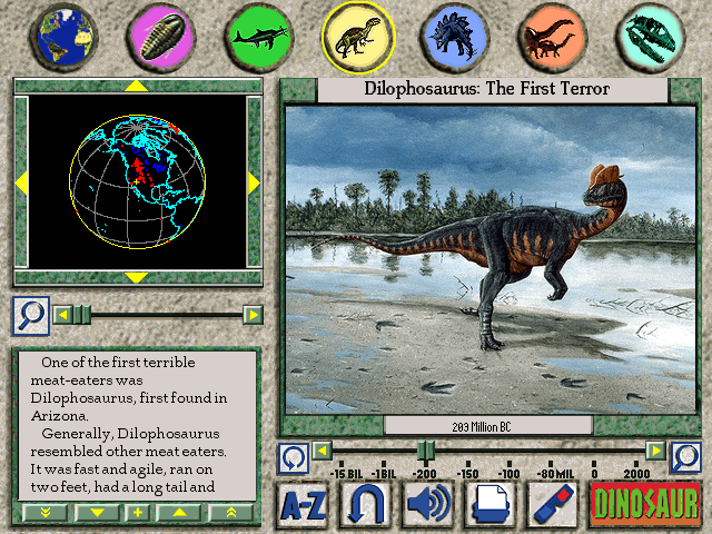 3-D Dinosaur Adventure: Anniversary Edition (Windows 3.x) screenshot: <i>Dinosaur Encyclopedia</i>: An encyclopedia about dinosaurs