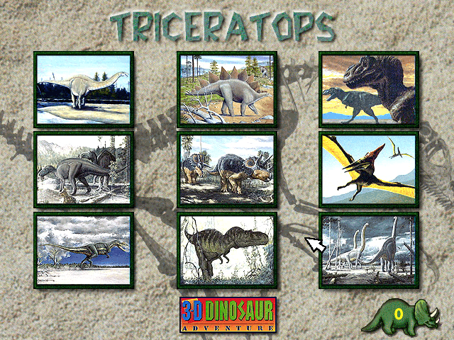 3-D Dinosaur Adventure: Anniversary Edition (Windows 3.x) screenshot: <i>Name-A-Saurus</i>: The player has to choose the correct picture based on the dinosaur name