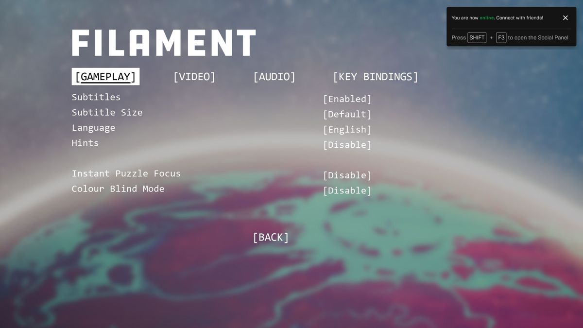 Filament (Windows) screenshot: Th game has quite a few customisation options