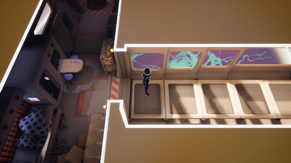 Filament (Windows) screenshot: Here the player's character, later to be named Pluto, is leaving their ship. The corridor running right/left did not look like his a moment ago, the roof disappeared as Pluto entered