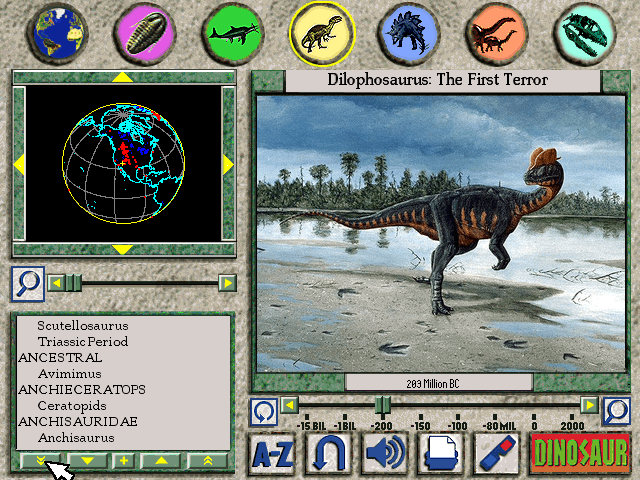 3-D Dinosaur Adventure: Anniversary Edition (Windows 3.x) screenshot: Listing the available topics alphabetically
