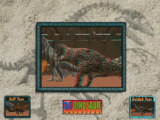 3-D Dinosaur Adventure: Anniversary Edition (Windows 3.x) screenshot: <i>3-D Dinosaur Museum</i>: The player visits a museum and looks at dinosaurs with 3D glasses