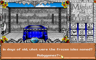 Might and Magic III: Isles of Terra (DOS) screenshot: These dark blue chests contain awesome treasure - but you'll need to find the right passwords to open them! Something tells me this is not the right one...