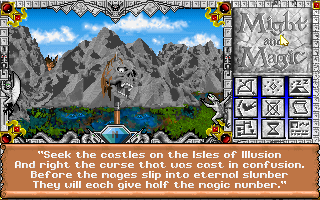 Might and Magic III: Isles of Terra (DOS) screenshot: The skull gives me a helpful advice, seemingly unaware of the fact that I've already been using walkthroughs extensively