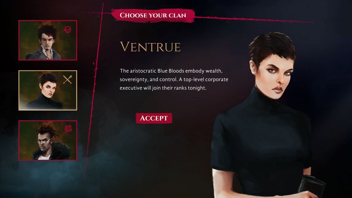 Vampire: The Masquerade - Coteries of New York (Windows) screenshot: Selecting a Ventrue clan for the protagonist