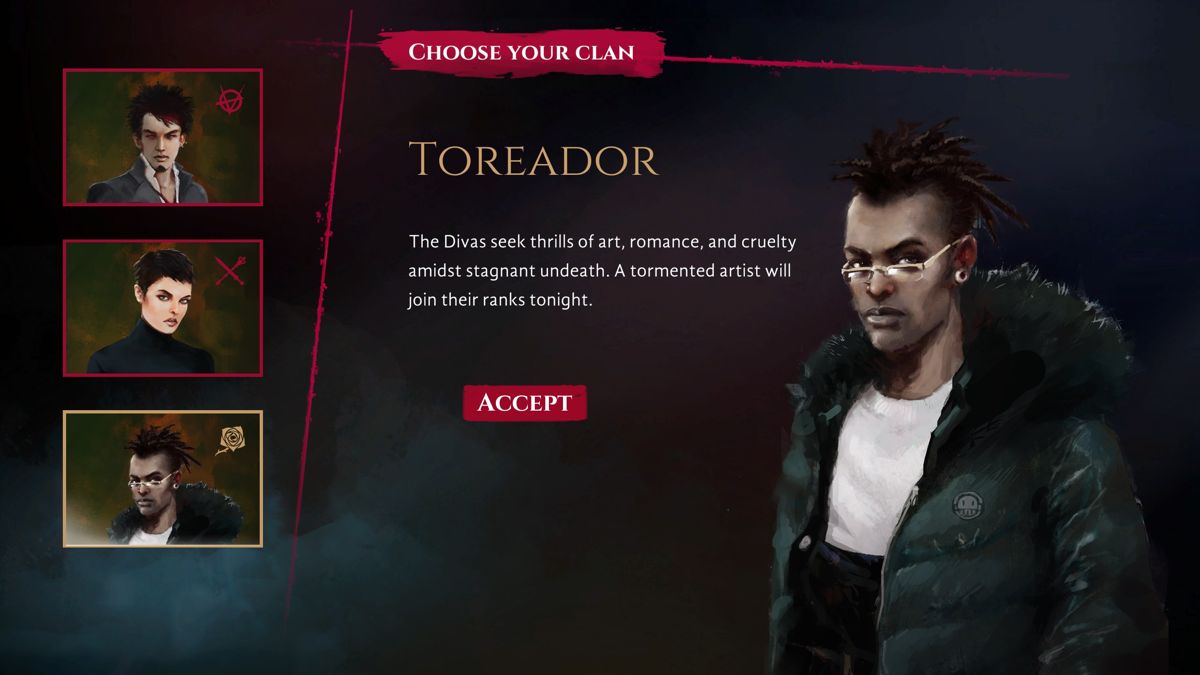 Vampire: The Masquerade - Coteries of New York (Windows) screenshot: Selecting a Toreador clan for the protagonist