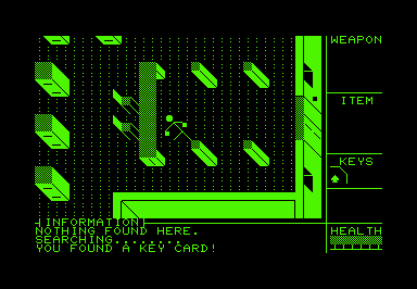 Attack of the Petscii Robots (Commodore PET/CBM) screenshot: Found a key card (40 columns)