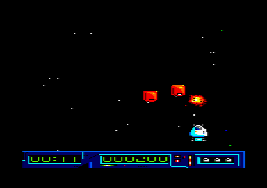 Cerberus (Amstrad CPC) screenshot: Fighting an attack wave.