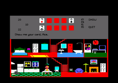 Little Computer People (Amstrad CPC) screenshot: Playing card war with the little computer person.
