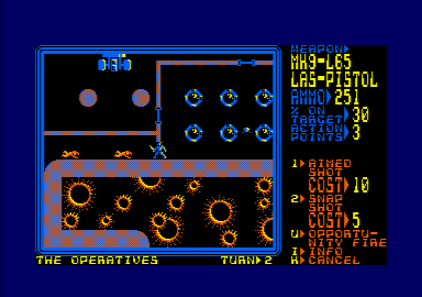 Rebelstar (Amstrad CPC) screenshot: A warrior droid has taken out two raiders.
