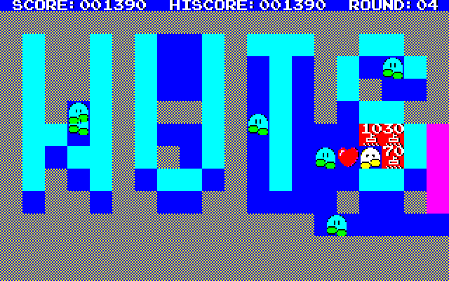 Nuts & Milk (PC-88) screenshot: Round 4; after collecting all the fruit, get the heart to end the level