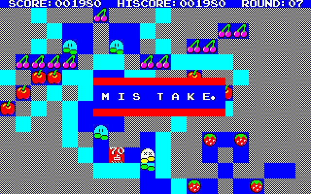 Nuts & Milk (PC-88) screenshot: Round 7; enemy got me, also note the typo "mis take"