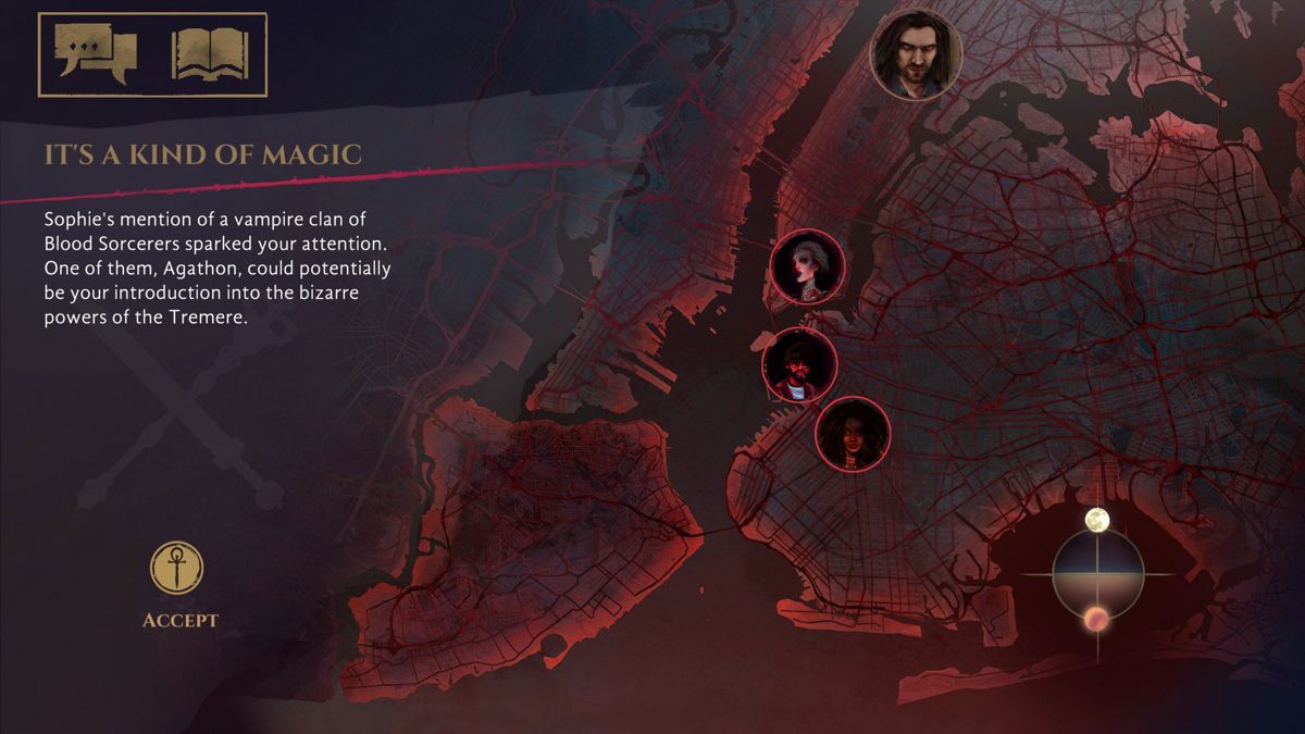 Vampire: The Masquerade - Coteries of New York (Windows) screenshot: Selecting the next activity on the map of New York