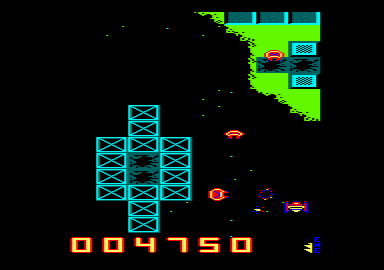 War Hawk (Amstrad CPC) screenshot: Defending against an attack wave.
