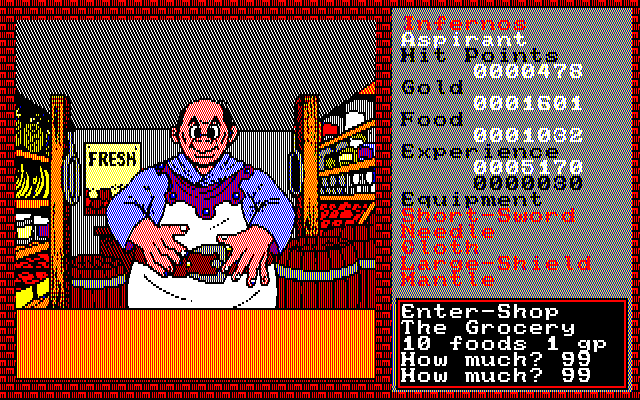 Xanadu: Dragon Slayer II (PC-88) screenshot: Grocery shop; you need to replenish your constantly dwindling food supply, lest you want to starve to death