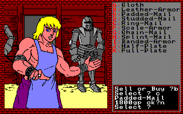 Xanadu: Dragon Slayer II (PC-88) screenshot: The shopkeeper graphics in the original releases were traced from the manual for Ultima III, without Origin's consent of course...