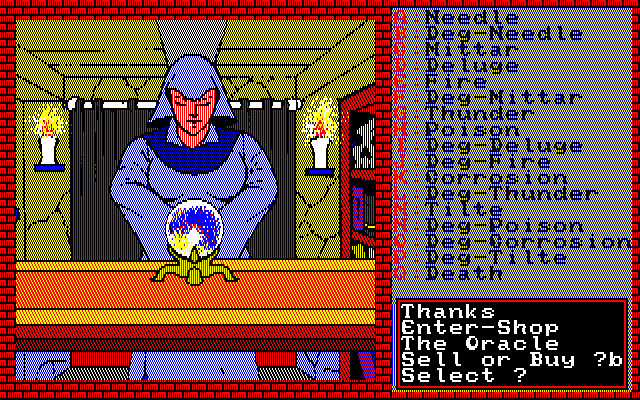 Xanadu: Dragon Slayer II (PC-88) screenshot: The Oracle shop; here you can buy or sell Magic scrolls