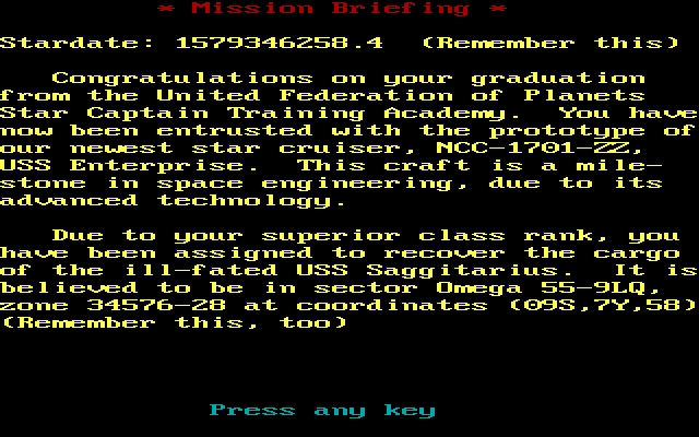 Star Trek: The Last Generation (DOS) screenshot: Mission briefing - when the game tells you to "remember this", write it down. You will need to know that later!