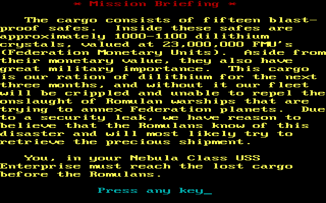 Star Trek: The Last Generation (DOS) screenshot: The stakes are high for the Federation... of course, nothing of this makes any sense in Star Trek lore (Federation Monetary Units???), but it's an unlicensed game...