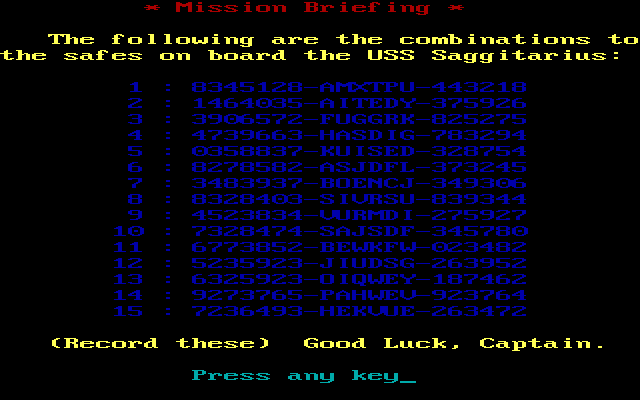 Star Trek: The Last Generation (DOS) screenshot: Those codes will be important later, too. I didn't get far enough to need them, but the game makes it pretty clear that "remember this" is to be taken seriously.