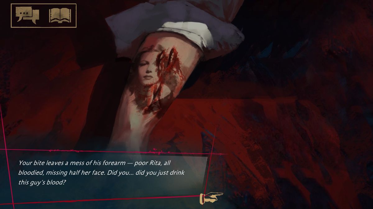 Vampire: The Masquerade - Coteries of New York (Windows) screenshot: Tattoo of Rita Hayworth was damaged by your bites. What's wrong with you?