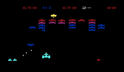 Star Battle (VIC-20) screenshot: Aliens dive bomb your ship to try to destroy you.