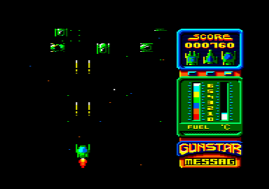 Gunstar (Amstrad CPC) screenshot: Battling some green aliens.