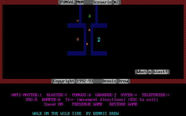 Fungal Man (DOS) screenshot: The second level introduces landmines in the central corridor. Walking into them is a game over.