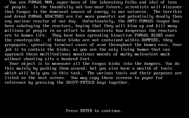 Fungal Man (DOS) screenshot: Instructions, page 1