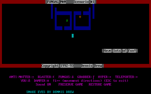 Fungal Man (DOS) screenshot: The first level: get the fungus (in the left area) to the pod (in the right area)