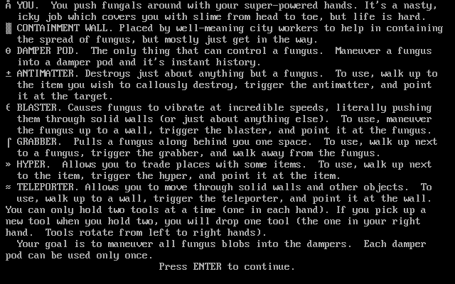 Fungal Man (DOS) screenshot: Instructions, page 2