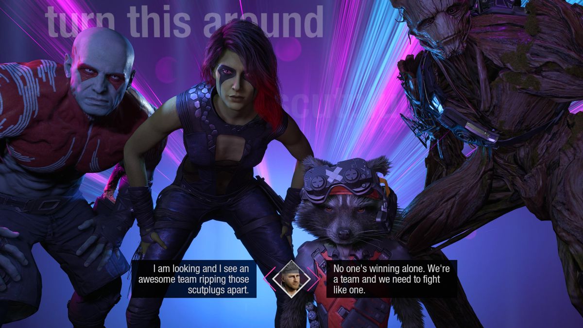 Marvel Guardians of the Galaxy (PlayStation 5) screenshot: Proper answer can lift the team's spirit during battle