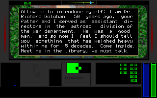 Continuum (DOS) screenshot: When you approach him, he has this to say.