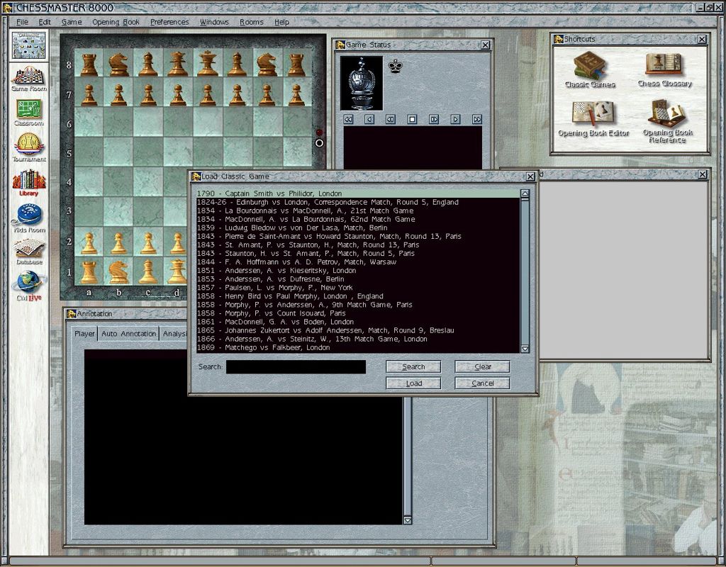 Chessmaster 8000 (Windows) screenshot: The library where you learn more about classic chess games and create/edit openings
