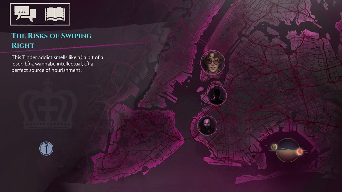 Vampire: The Masquerade - Shadows of New York (Windows) screenshot: Selecting the next activity on the map of New York