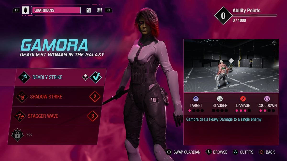 Marvel Guardians of the Galaxy (PlayStation 5) screenshot: Gamora's character skills