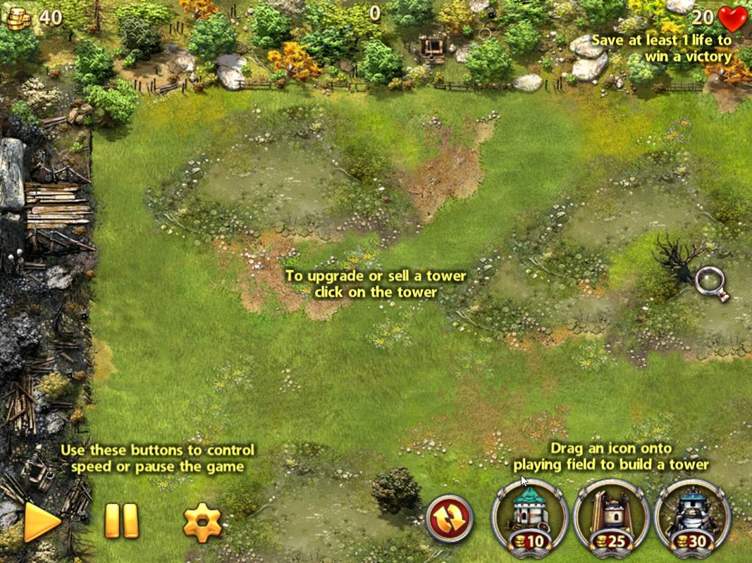 Myth Defense: Light Forces (Windows Apps) screenshot: Instructions at the start of the first level