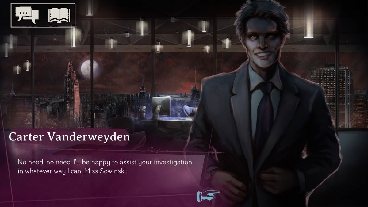 Vampire: The Masquerade - Shadows of New York (Windows) screenshot: Carter Vanderweyden from the Malkavian clan is always wearing a smile on his face
