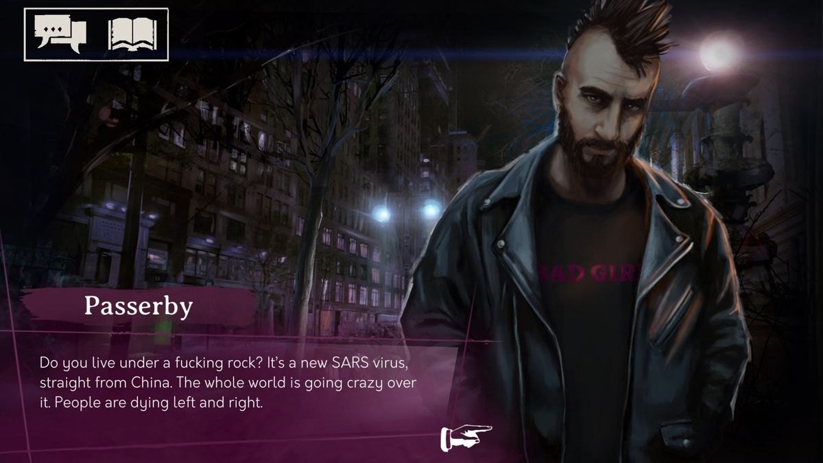Vampire: The Masquerade - Shadows of New York (Windows) screenshot: Passerby is informing you of the SARS virus from China