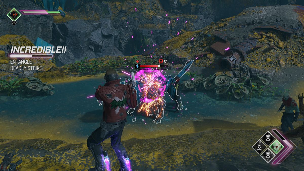 Marvel Guardians of the Galaxy (PlayStation 5) screenshot: These alien dogs have all kinds of attacks