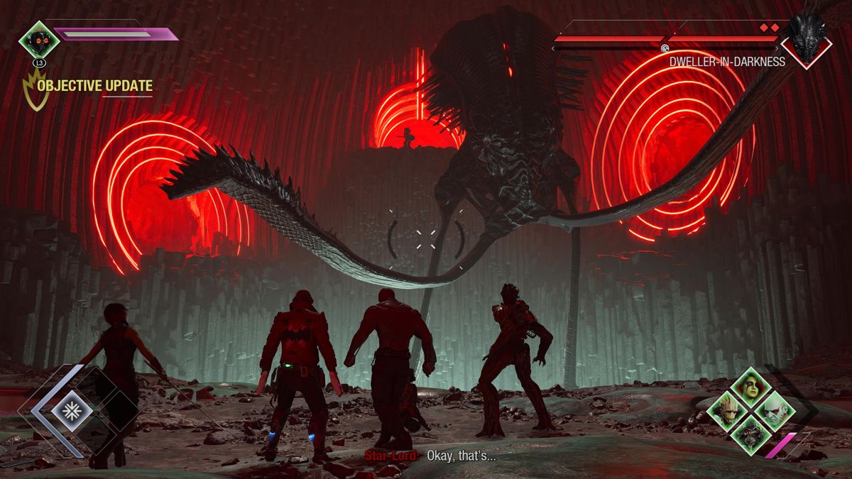 Marvel Guardians of the Galaxy (PlayStation 5) screenshot: Dweller-in-Darkness boss battle