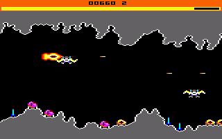 Star Avenger (Amstrad CPC) screenshot: Ouch. Hit a giant bat.
