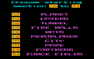 Star Avenger (Amstrad CPC) screenshot: Start the game from any of these checkpoints.