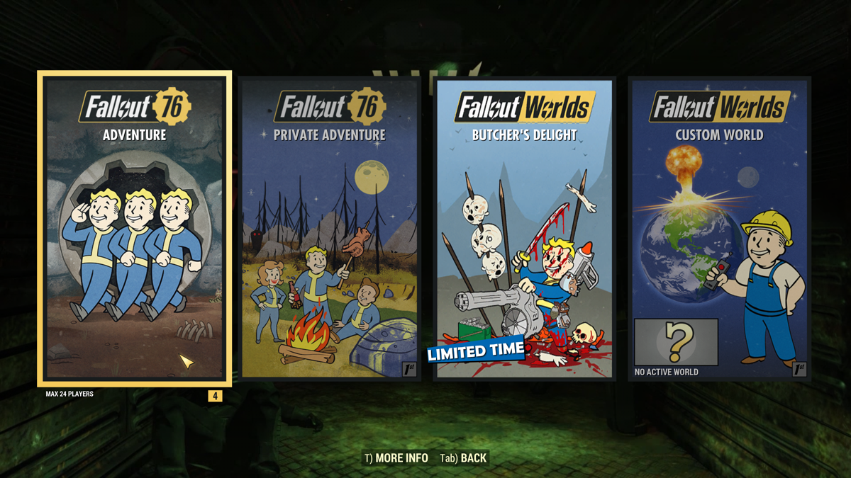 Fallout 76 (Windows Apps) screenshot: Game mode selection