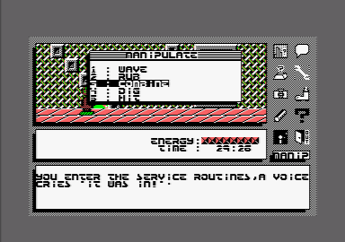 Icon Jon (Amstrad CPC) screenshot: The icon driven interface has options for picking up and manipulating items.