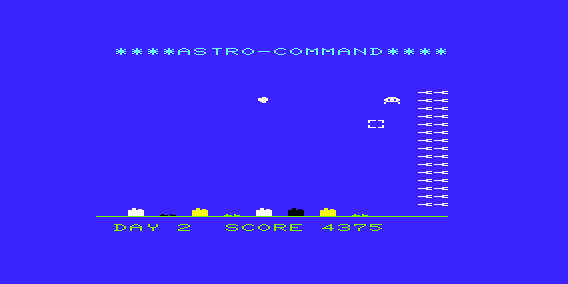 Astro-Command (VIC-20) screenshot: Fewer Missiles Available at Higher Levels