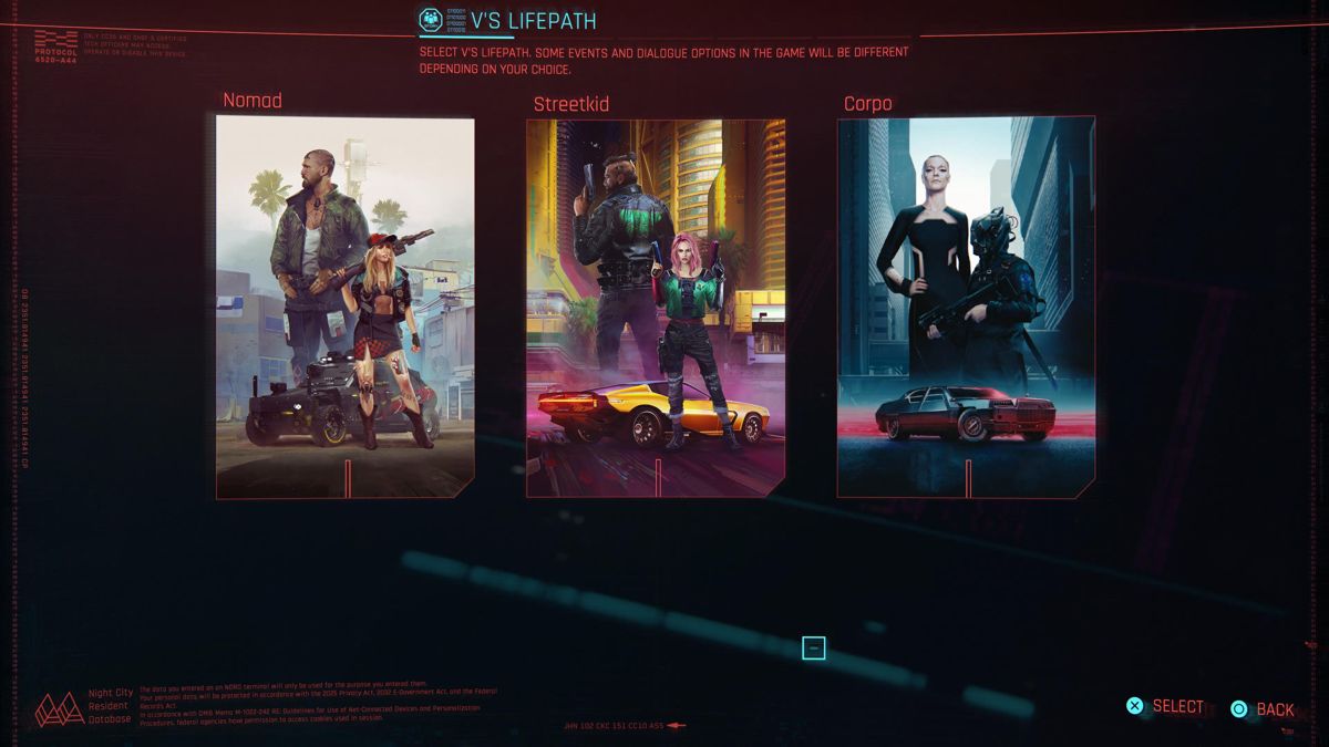 Cyberpunk 2077 (PlayStation 5) screenshot: V's lifepath select screen
