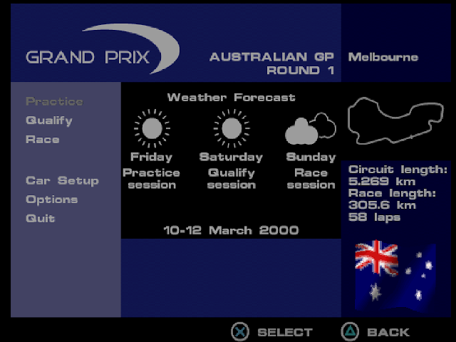 Formula One 2000 (PlayStation) screenshot: Grand Prix menu