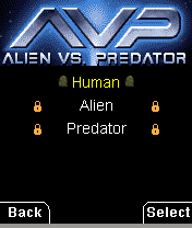 AVP: Alien vs. Predator (J2ME) screenshot: Select a race. Two still need to be unlocked.