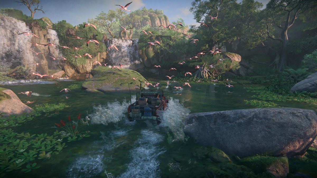 Uncharted: Digital Bundle (PlayStation 5) screenshot: The Lost Legacy: Startling a flock of flamingos